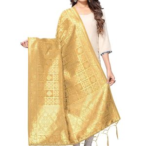DUPATTA BAZAAR Women's Gold Checkered Woven Organza Dupatta, free size